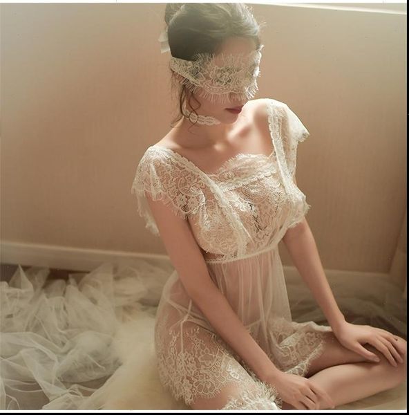 

summer lace maid lingerie women sleepwear role play seductive eyelash see through temptation backless nightdress apron outfits, Black;red