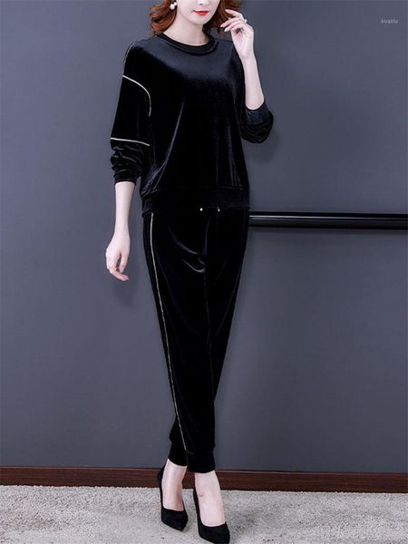 

women's two piece pants velvet tracksuit women plus size 2021 suit long sleeve round neck + trousers casual autumn outfits m9, White