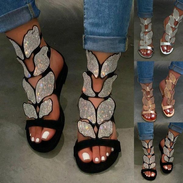 

summer women's flats open toe casual shoes flat sandals rome rhinestone bow cutout roman women, Black