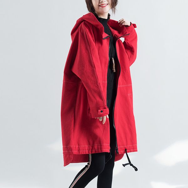 

hooded #3030 windbreaker girls cardigan red trench coat streetwear fashion oversize long overcoat women tide autumn winter, Black