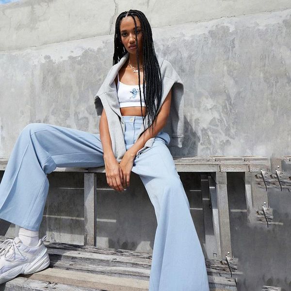 

instaelegant suit women office lady high waist blue trousers female wide leg pant 0 autumn soft casual pantalone, Black;white