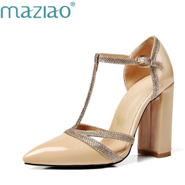 

dress shoes maziao women's glitter cloth t-strap chunky high heel woman buckle up summer party wedding sandalss big size 34-47, Black