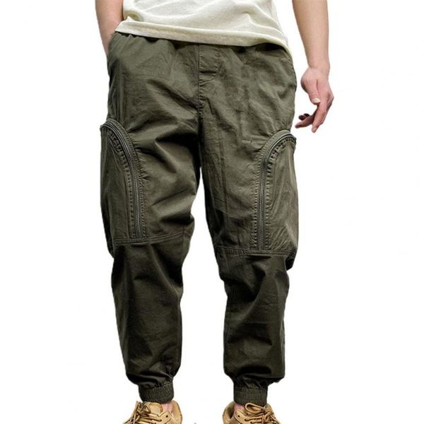 

men's pants solid color casual elastic waist ankle banded cargo for autumn, Black