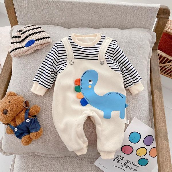 

jumpsuits 0-2 years old baby fake two-piece jumpsuit 2021 autumn and winter clothes for boys girls with velvet cartoon outing romper, Blue