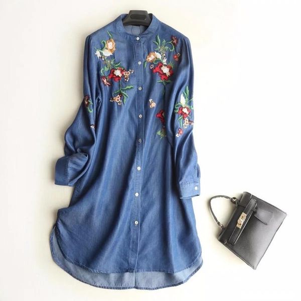 

casual dresses spring women floral embroidery denim dress vintage blue long sleeve summer plus size shirt, Black;gray