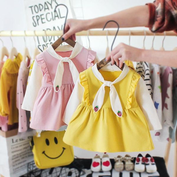 

girl's dresses 2021 baby infant girl lace bow collar full sleeves princess dress for spring autumn girls casual clothing, Red;yellow