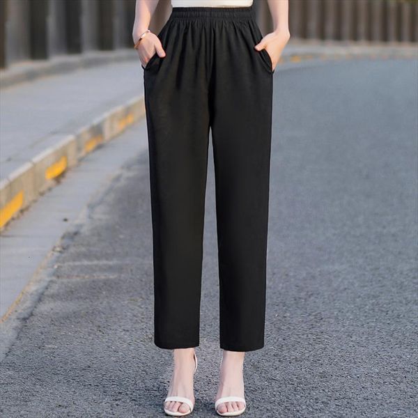 

summer high waist straight women pants leg trousers elastic ankle length harem black, Black;white