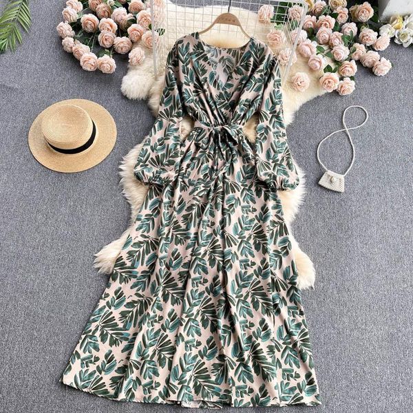 

casual dresses aibeautyer summer floral print slim full lady dress a line v neck puff sleeve chiffon pullover women, Black;gray