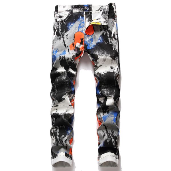 

men's printed slim fit stretch pants jeans hip hop fashion elastic skinny biker straight leg streetwear denim pencil pant 5675, Blue