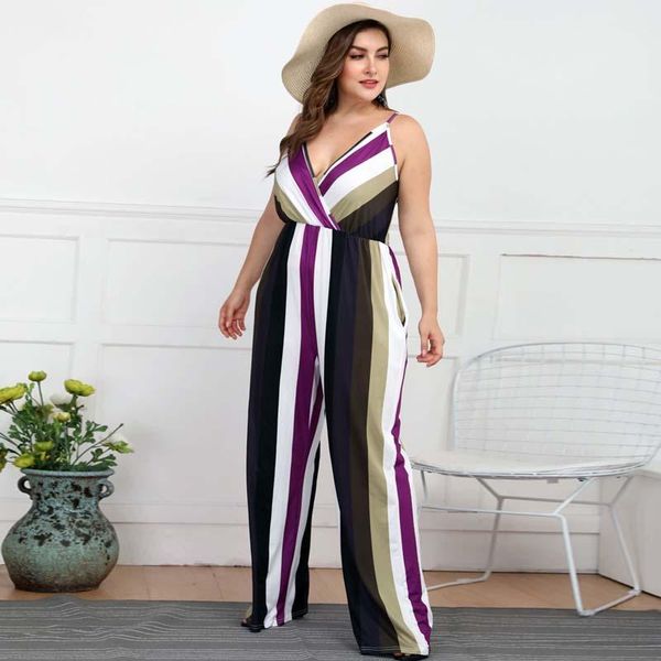 

women's jumpsuits & rompers summer women casual sleeveless deep v fashion ladies striped bodysuit wide leg pants long trousers plus siz, Black;white