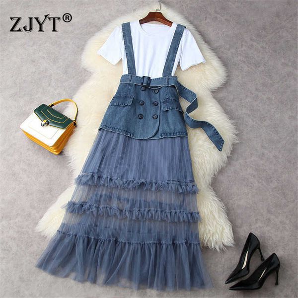 

fashion summer streetwear women designers short sleeve white tshirt and mesh patchwork long denim dress suit 2 piece sets 210601, Black;gray