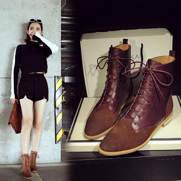 

boots ins women ankle 22-24.5cm length cowhide + cow suede stitching pointed spring and autumn woman shoes, Black
