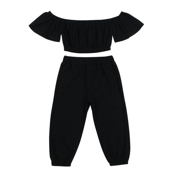 

clothing sets 2 pcs infant summer outfits, baby girls off-shoulder solid color boat neck short sleeve crop + trousers 1-6 years black, White