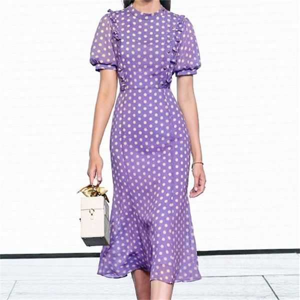 

french wood ears ruffles polka dot dress vintage women o-neck tie bow sashes maxi chiffon dresses holiday 210603, Black;gray