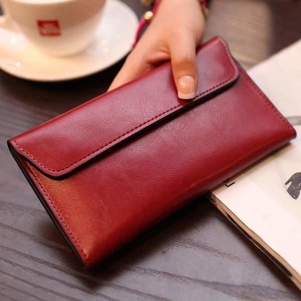 

wallets europe and america 2021 long wallet women's leather buckle simple ultra thin multi card position, Red;black