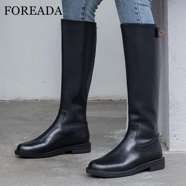 

boots foreada real leather riding women platform flat knee high metal decoration long zip lady shoes winter black 42