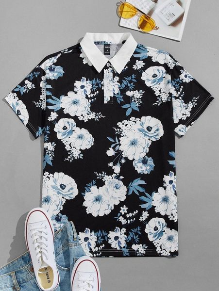 

men floral print contrast collar polo shirt g17r#, White;black