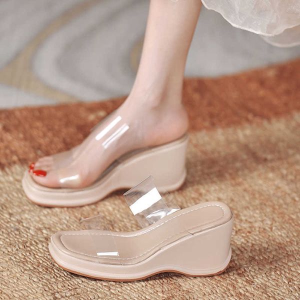 

rimocy transparent pvc wedges jelly shoes women white strap thick heels platform slippers woman ouutdoor beach slides ladies 210528, Black