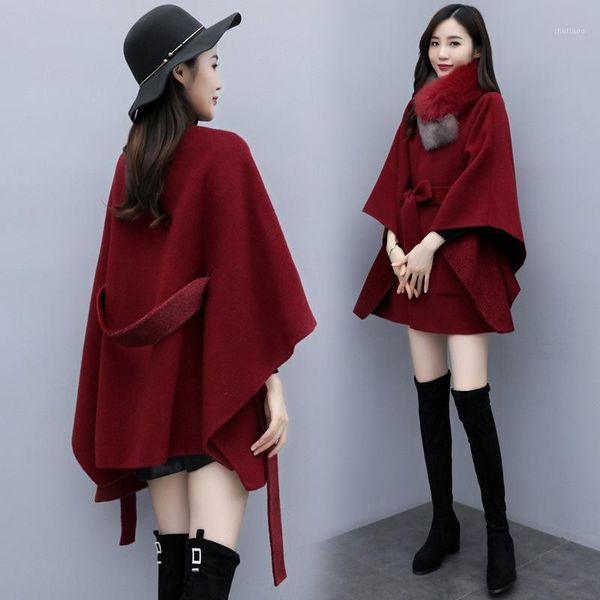 

women's wool & blends red tweed coat female 2021 autumn winter korean version slim temperament thin foreign style cloak woolen, Black