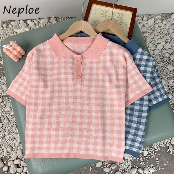 

neploe vintage plaid short sleeve knit sweater women turn down collar loose pull femme summer 2021 sueter women's t-shirt, White