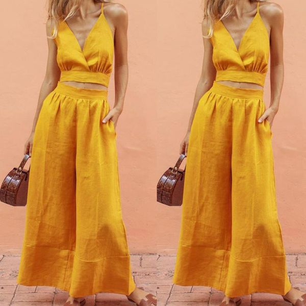 

two piece dress womail women tracksuit summer female pieces sleeveless shirt +long pant set 2pcs yellow suit fashion j711 9axi, White