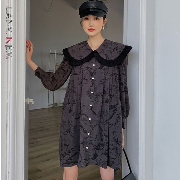 

spring arrival single-breasted loose sweet style gray floral print dress for women 2a3181 210507, Black;gray
