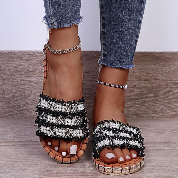 

slippers fashion women's outdoor summer bohemian slip-on pearl beach flip flops casual open toe breathable shoes, Black