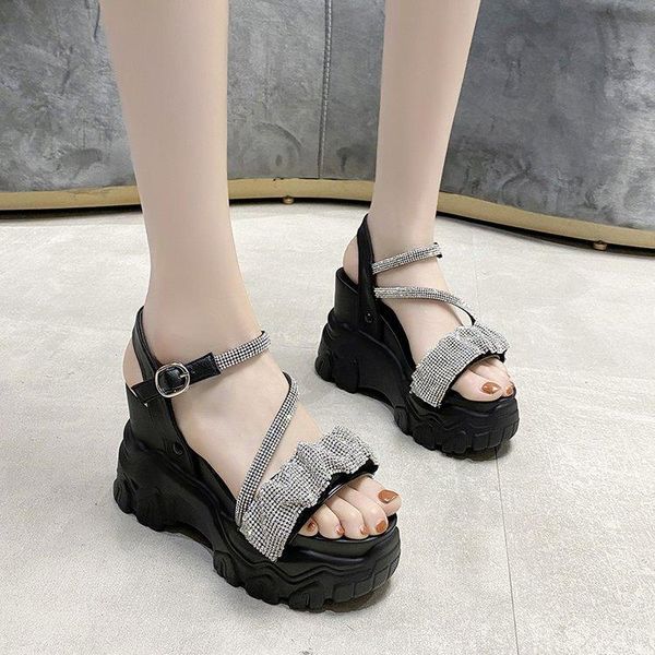 

dress shoes diamond shoes, buckles, wedge heels and sandals for women 2021 summer thick soles, all-match, heighten slippers, Black