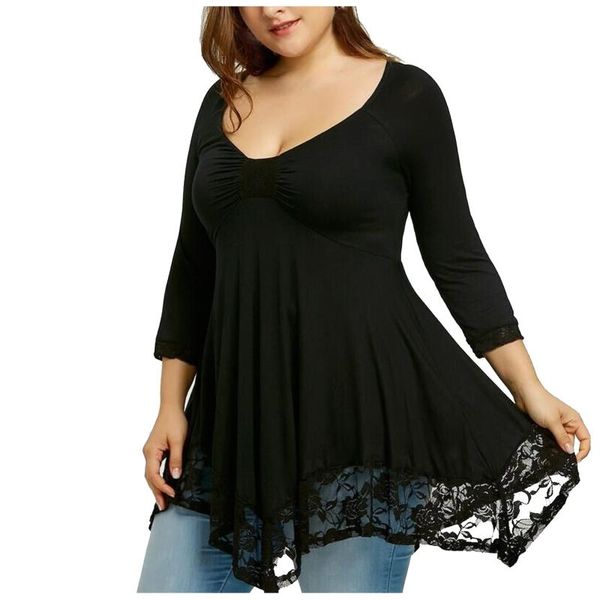 

women's blouses & shirts fashion large size long sleeve blouse irregular lace see-through women v-neck 2021 summer blusas, White