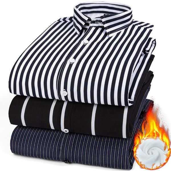 

men's casual shirts middle-aged plus fleece warm shirt striped fashion plaid long-sleeved male loose size brand 2021, White;black