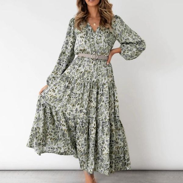 

casual dresses floral printed ruffle long dress sleeve vintage flowy with belt boho swing maxi women elegant robe longue 40#, Black;gray