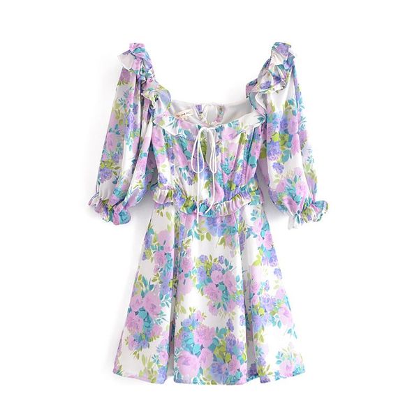 

casual dresses square neck high waist mid-sleeve lace-up chain ruffled open back printed women's dress 2021 autumn sojourn, Black;gray