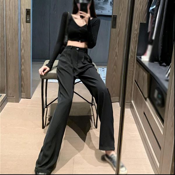 

mopping high waist summer women capri casual solid color straight loose thin trousers, Black;white