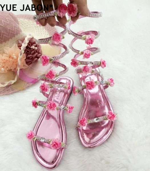 

knee high slip onflats sandal boots gladiator summer rhinestone woman shoes bohemia style crystal flower beach sandals, Black
