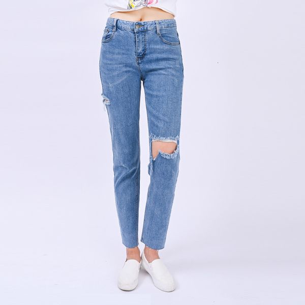 

women's jeans 2021 summer new high waist slim small leg raw edge jeans cut through the hole blue