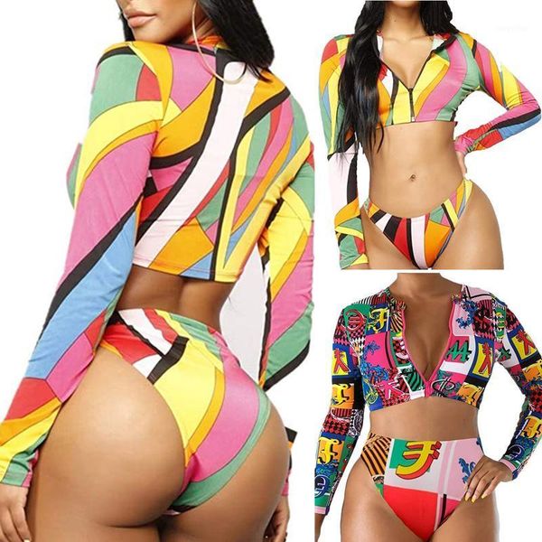 

print two piece swimsuit women swimwear zip monokini long sleeve female bathing suit surfing bodysuit swim wear beachwear women's, White;black