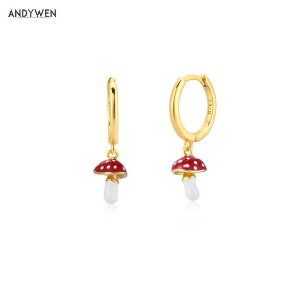 ANDYWEN 925 Sterling Silver Gold Smalto Rosso Bianco Fungo Orecchino a goccia Clip per piercing Regalo di nozze Rock Punk Gioielleria raffinata 210608