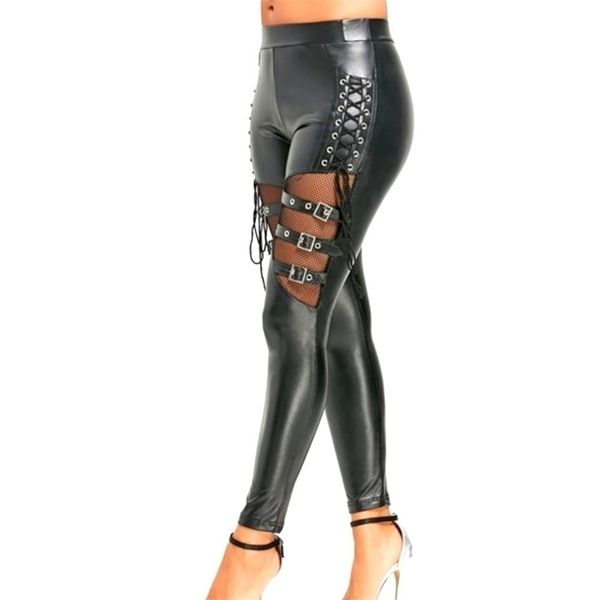 

women pu leather skinny slim trouser gothic punk leggings fishnet trim lace pant faux pencil pants clothing 211115, Black;white