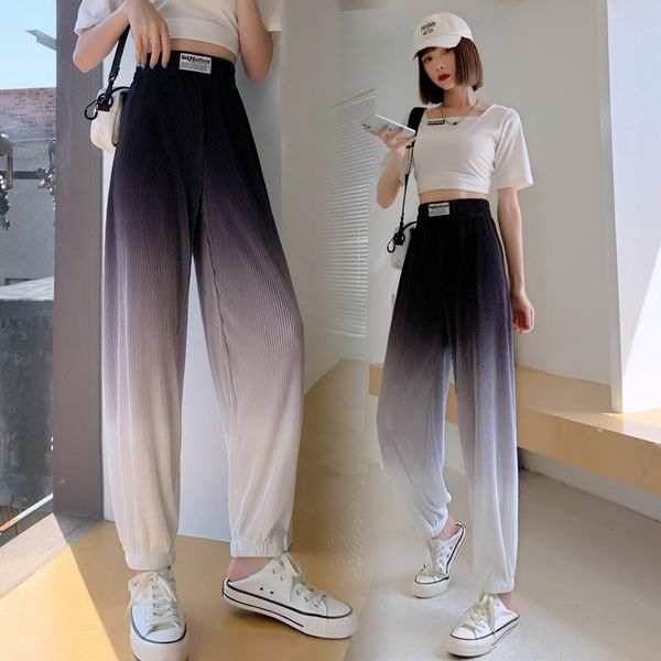

women's pants & capris women gradient color ice silk trousers femme summer loose thin harlan casual tie dye elastic waist high, Black;white