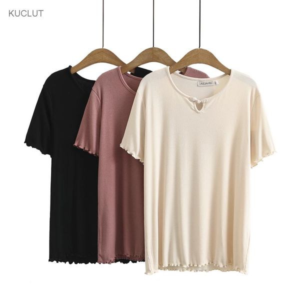 

women's t-shirt 2021 summer korean large casual small fresh agaric side coil button thin pit strip short sleeve, White