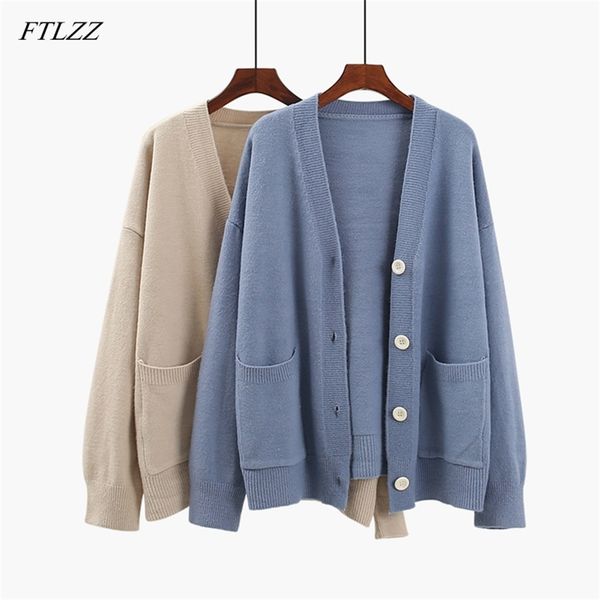

knitted sweater coat autumn women single breasted button casual v neck jacket female cardigans knitwear 210430, Black;brown