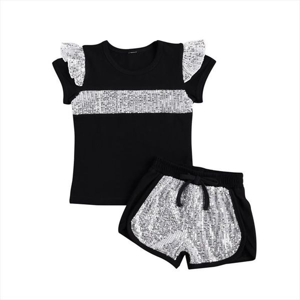 

toddler kids baby girls summer casual clothes sets sequins short sleeve t shirt and pants outfit 2pcs set, White