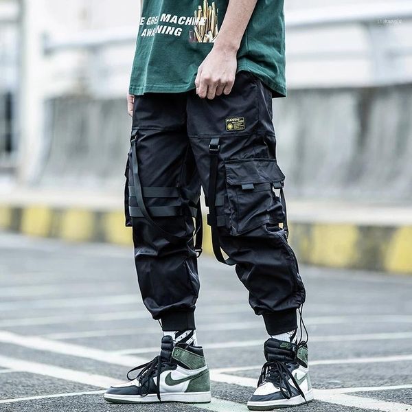 

hip hop joggers pants men harajuku streetwear ribbon multi-pocket trousers elastic waist hiphop male dancing pant gm4071, Black