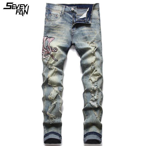 

men's jeans 2021 snake embroidery ripped men fashion slim streetwear hip hop hole jean harajuku blue denim pants casual trousers