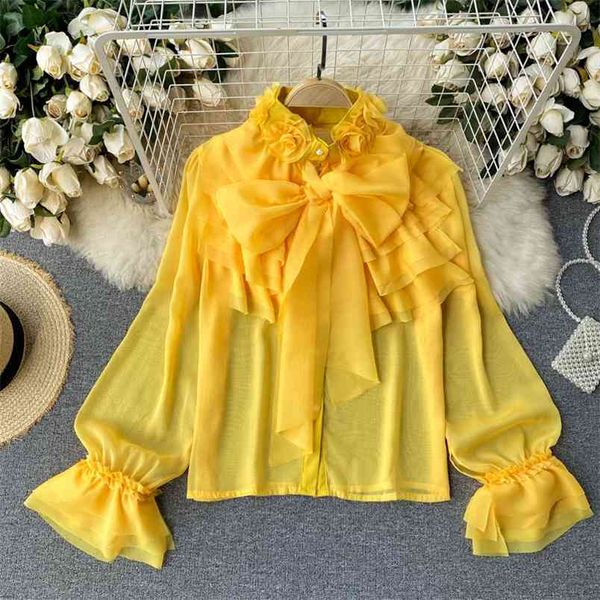 Europeu americano retrô três-dimensional flores blusa fêmea redonda ponha folhada manga blusa lenço de seda ruffled camisa c763 210506