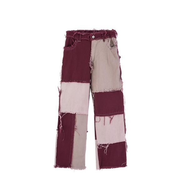 

spliced panelled sanding straight jeans men high waist loose distressed cuff casual fashion denim pants streetwear four seasons men's, Blue