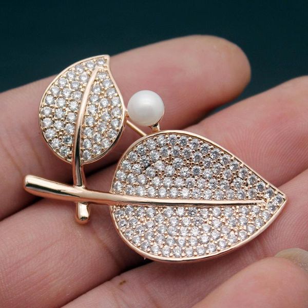 

pins, brooches hermosa leaf shaped pins shiny white zircon women fashion jewelry rose gold brooch pretty bridal wedding gift, Gray