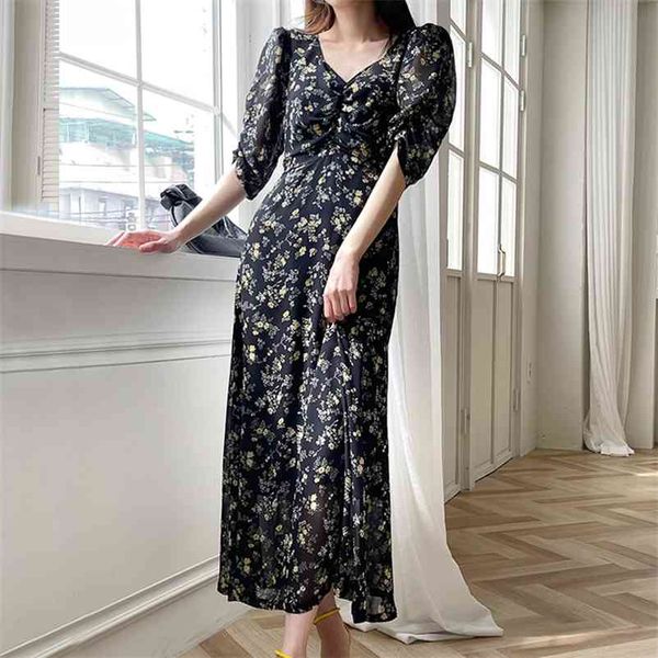

maxi floral a line dress french summer v nekc short sleeve cabaret party elegant print robe dresses for women 210530, Black;gray