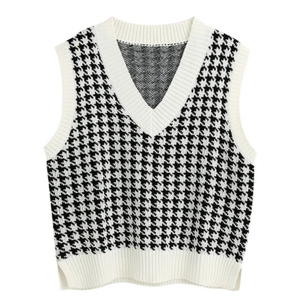 

women sweater vest v neck sleeveless side vents loose female waistcoat oversize knitted sweaters chic houndstooth sweater 210419, White
