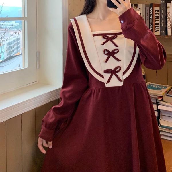 

casual dresses autumn kawaii bow corduroy long sleeve dress women sailor collar bandage a-line french retro lady patchwork vestidos, Black;gray